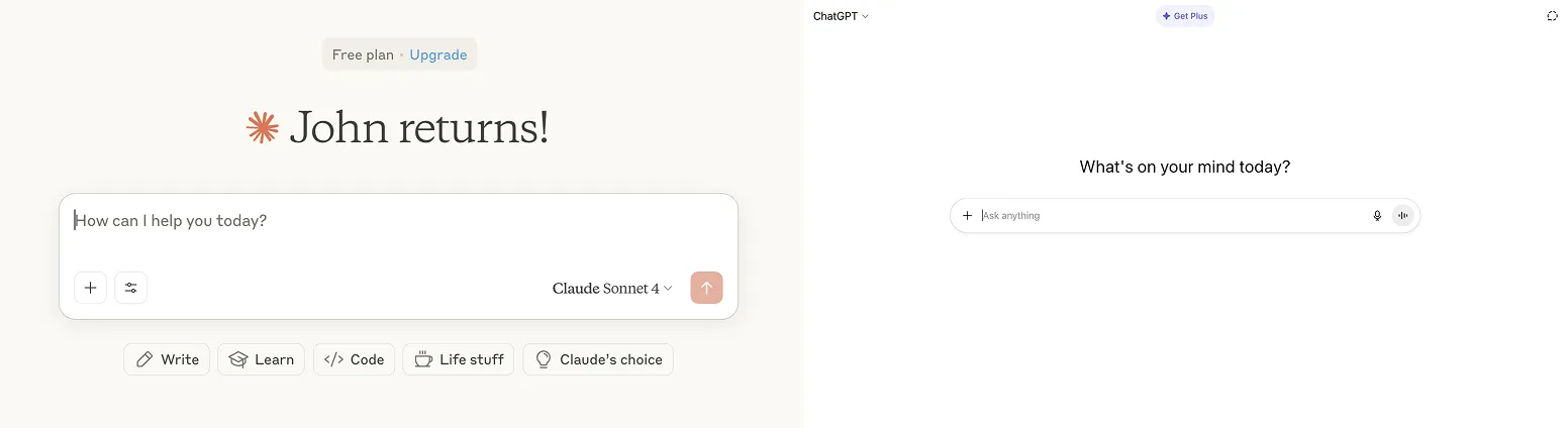 Image of two AI interfaces, the first being Claude, and the second being ChatGPT. The interfaces are extremely simple, with a prominent plain text input.